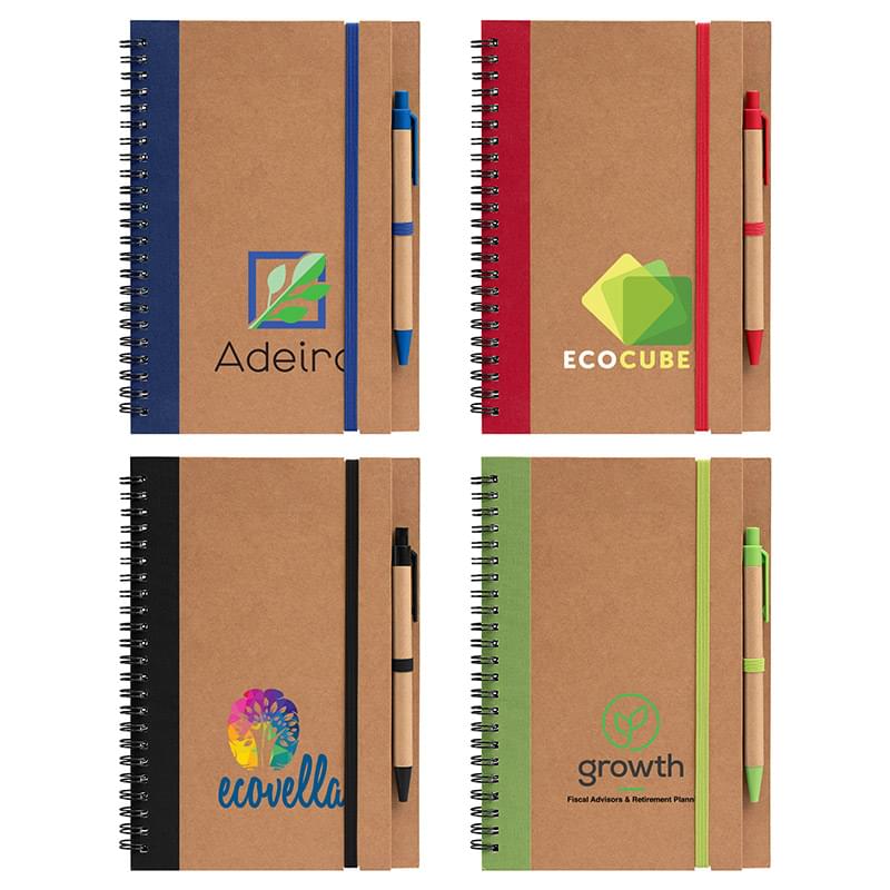 Kraft Hard Cover Spiral Notebook with Pen - ColorJet